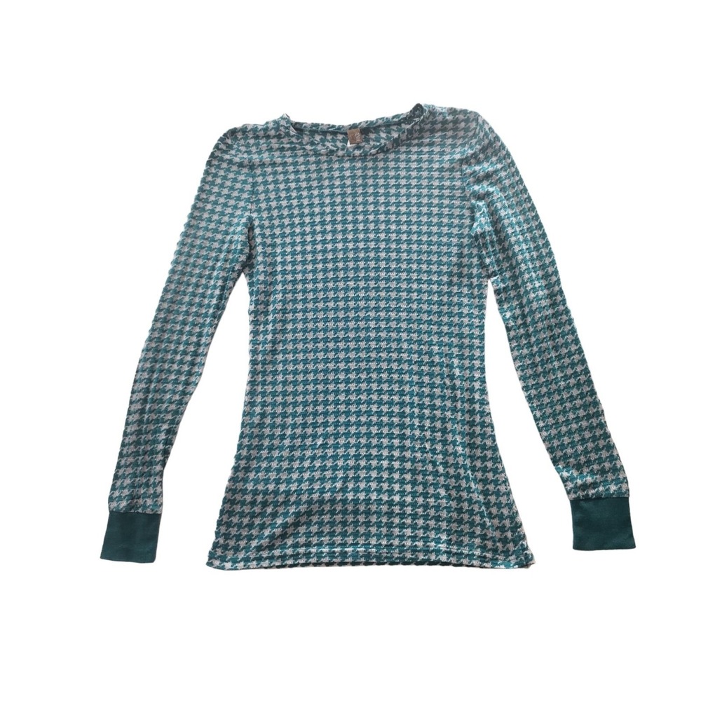 BKE Women Size M Fitted Long Sleeve Shirt Aqua Blue White Houndstooth Blouse